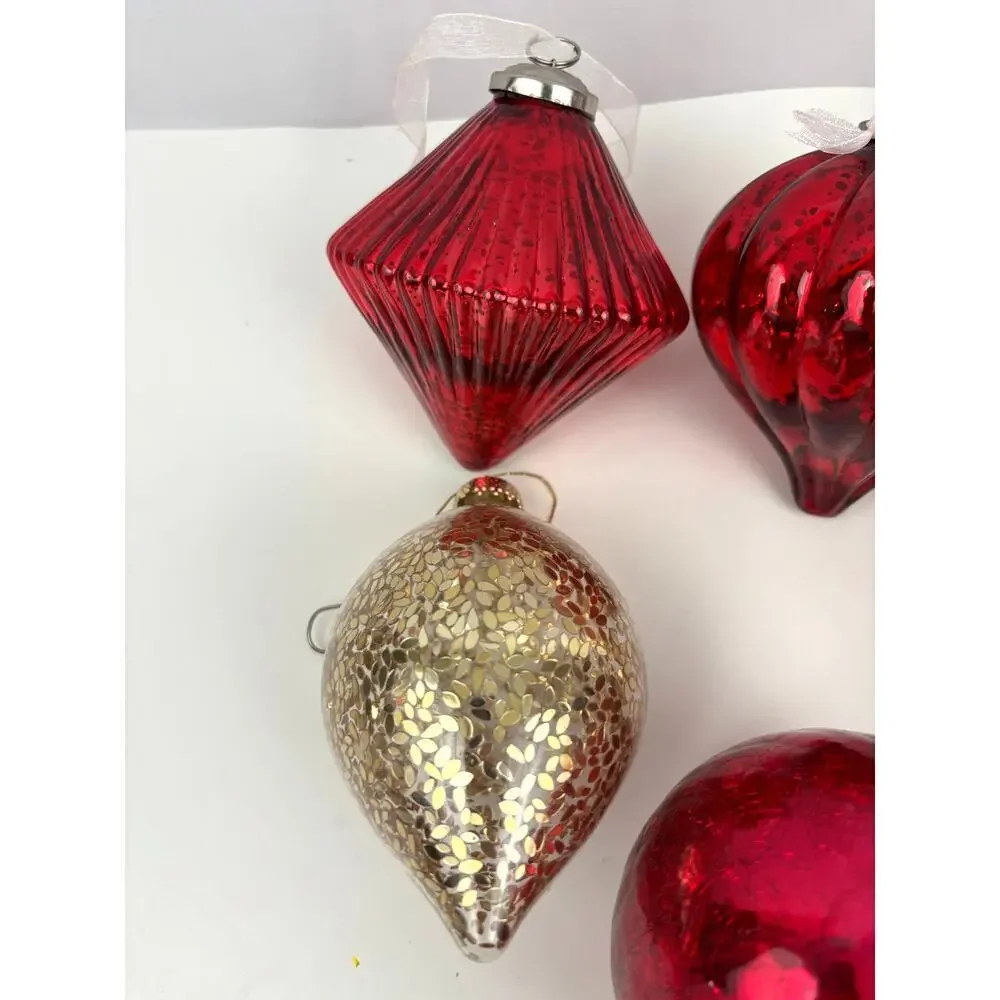 VTG Lot of 6 Glitter Glass Ornaments Round‎ Sphere Red Gold Heavy Tree Decor